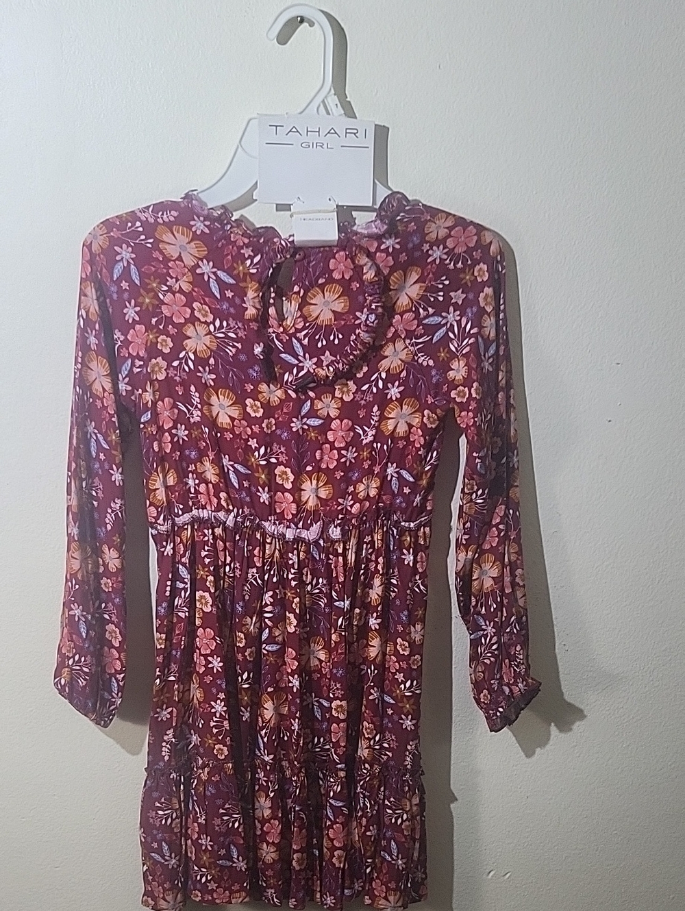 Tahari Girl Floral Long Sleeve Dress - Burgundy Pink Orange